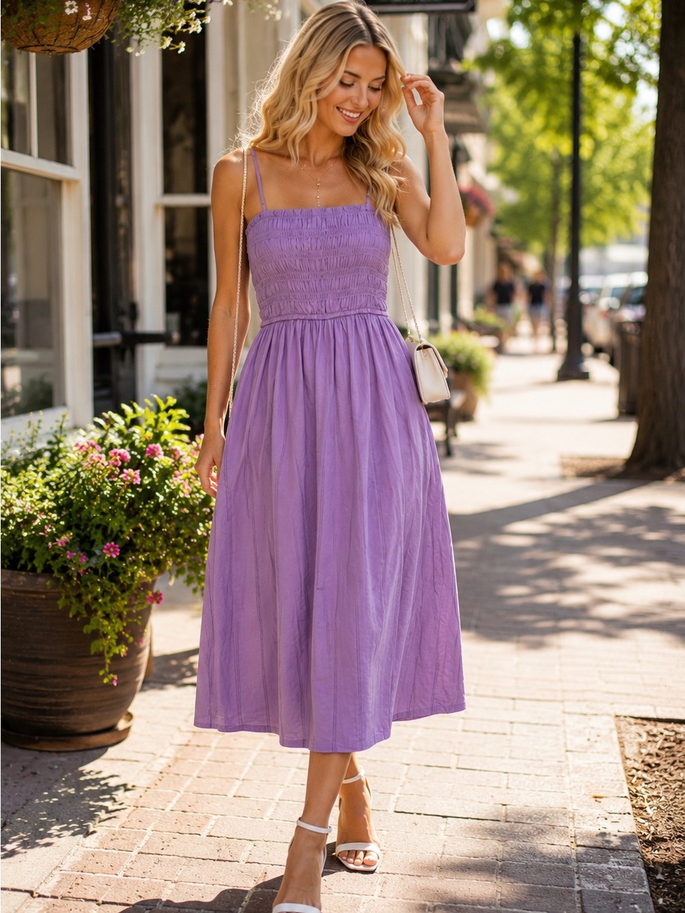 Madewell Lavender Smocked Midi Dress with Spaghetti Straps